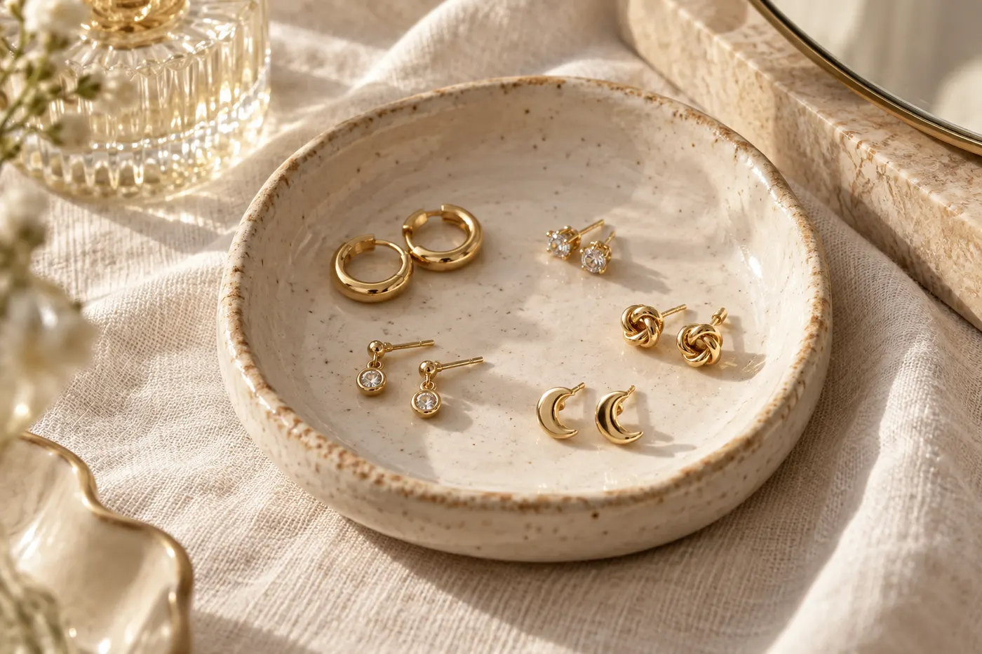 Pairs of small gold earrings in a ceramic jewelry dish