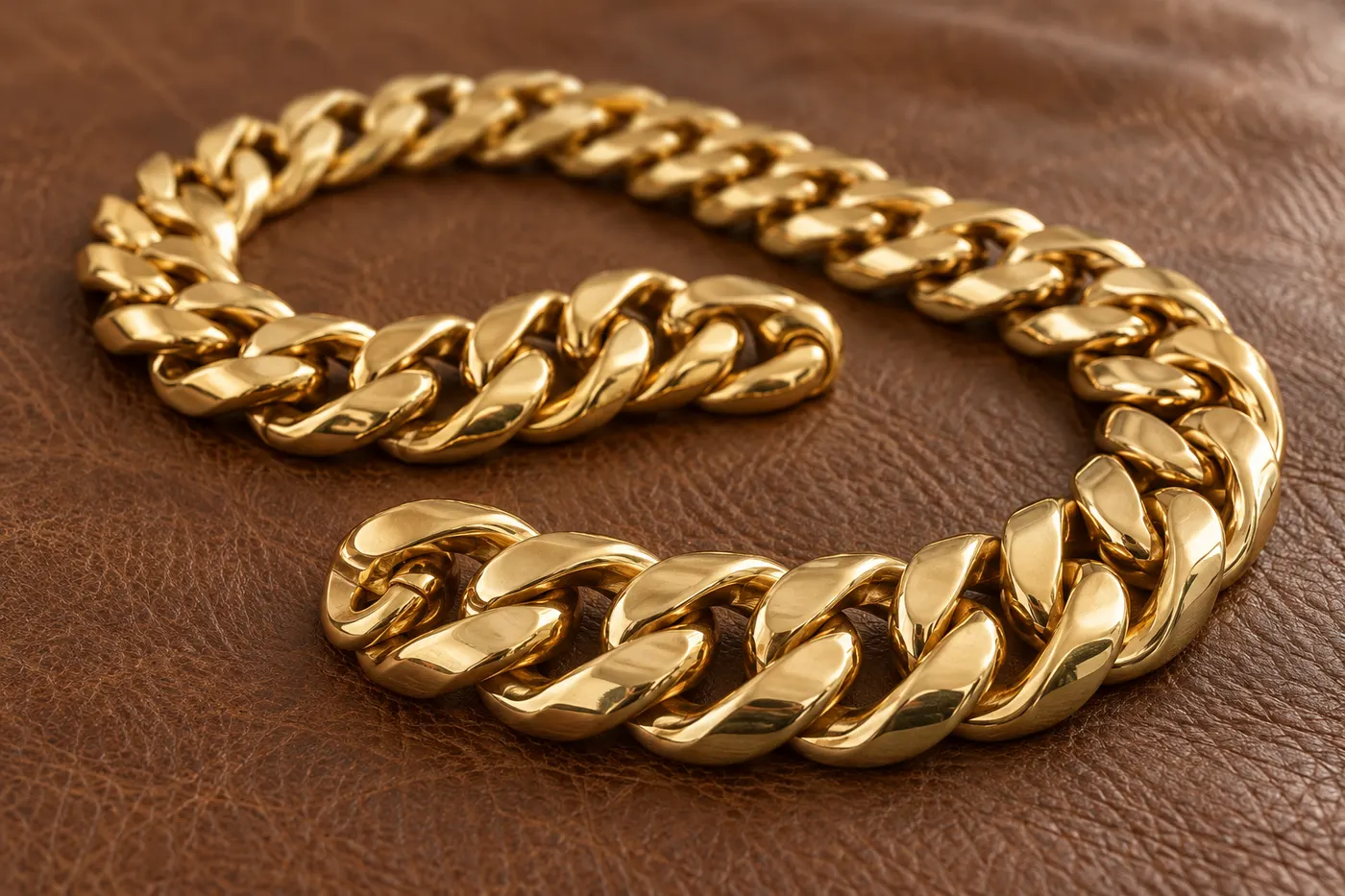 Thick gold curb chain for men on a leather surface