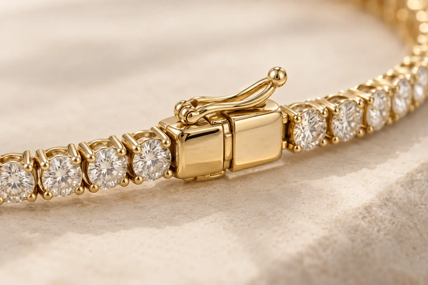 Box clasp with safety latch on a gold tennis bracelet