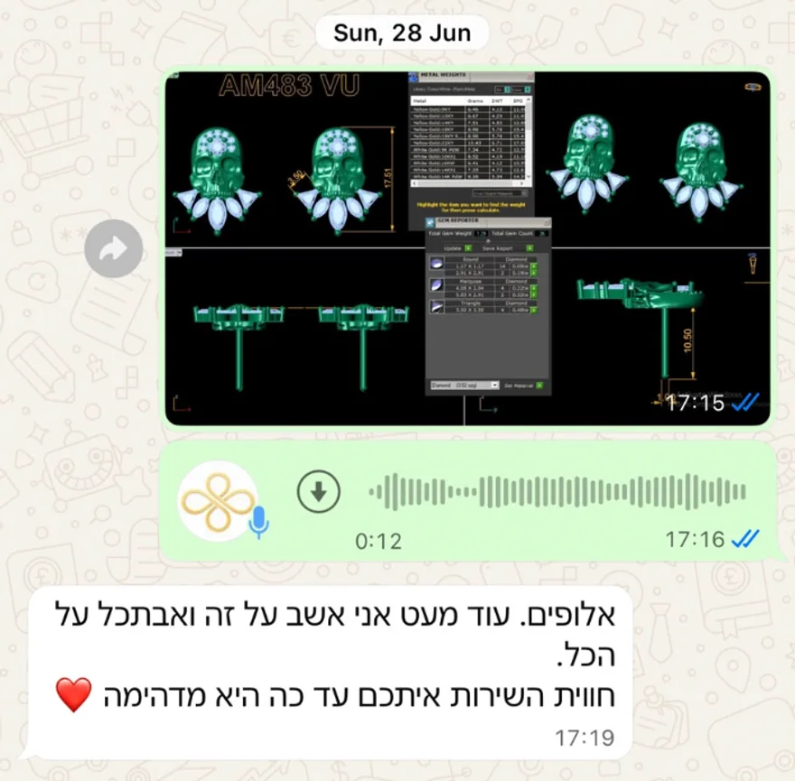 לקוחה מקבלת את שרטוט העיצוב שלה בוואטסאפ ומשיבה שחוויית השירות מדהימה